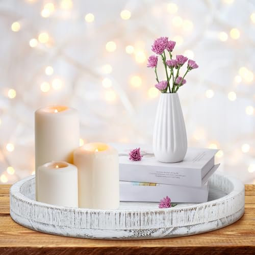Wood Serving Tray, 30cm Vintage Round Serving Platter, Decorative Centerpiece Candle Holder Tray for Table Bathroom Decor 35x35x2cm(Old white)