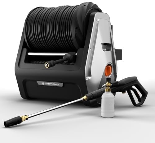 Giraffe Tools Wall Mounted Pressure Washer, Electric Power Washer with 30M Retractable Hose, 2200PSI/150BAR, Foam Cannon, 0°-80°Rotary Nozzle for Cars/Patios, Dark