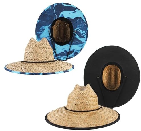 GEMVIE 2Pcs Straw Lifeguard Hat,Women and Men's Straw Fishing Sun Hat Wide Brim Summer Beach Outdoor Gardening Straw Hat UPF 50+