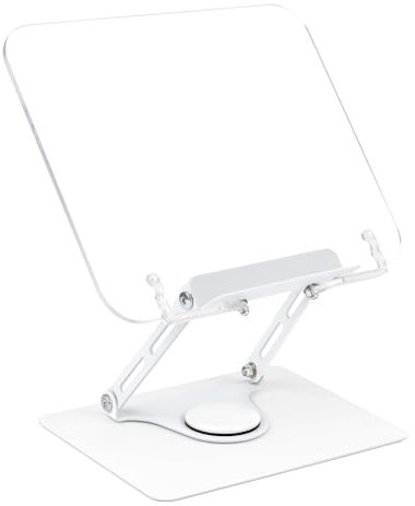 MSDADA Buchständer, Verstellbarer Acryl Buchhalter mit 360° drehbarer Basis, Kochbuchständer, Rezeptbuchhalter mit elastischen Seitenklammern für Musikpartituren, Rezepte
