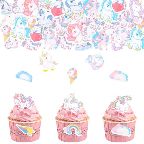 DazzJoy 80 Stück Einhorn Tortendeko Essbar,Esspapier Tortendeko,Essbare Einhorn Kuchendeko Mädchen,Einhorn Muffin Deko Essbar,Einhorn Cupcake Topper Mädchen,Einhorn Deko Torte für Geburtstag Party
