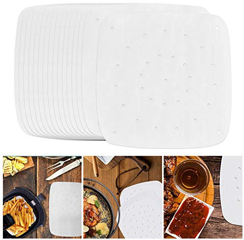 Volumoon 200 Piezas Papel de Hornear, Papel de Pergamino para Cocina, Papel de Freidora Aire, Papel Vaporera Bambu, Papel Pergamino para Freidora de Aire, Vaporizador de Bambú(Blanco)