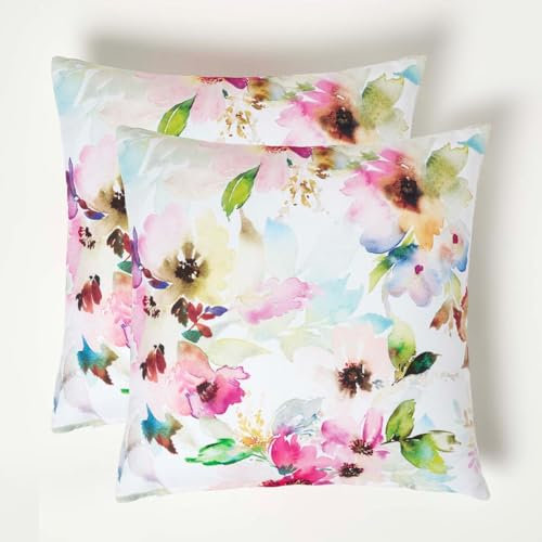 Homescapes 2er-Set Outdoor Kissen Aquarell-Blumen, Bunte Gartenkissen 45x45 cm, Blumenkissen für Terrasse & Balkon