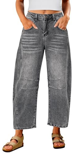 Utyful Barrel Jeans Damen Cropped Baggy Trendy Hohe Taille Distressed Loose Stretch Denim Hose Jeans mit Taschen, Fuchsgrau, X-Groß