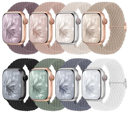 8 Stück Geflochtenes Armband Kompatibel mit Apple Watch 38mm 40mm 41mm 42mm 44mm 45mm 46mm, Elastisches Nylon Stoff Band für Apple Watch 10 9 SE 8 7 6 5 4 3 2 1