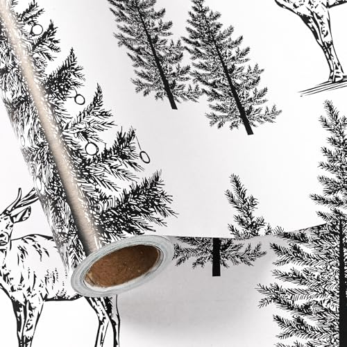 LeZakaa Weihnachts-Geschenkpapierrolle, Rentier und schneebedeckte Kieferbäume in Schwarz und Weiß, Skizzen-Stil, Weihnachtsdesign, Urlaubsparty-Geschenkpapier für Kinder, Jungen, Mädchen, Mini-Rolle