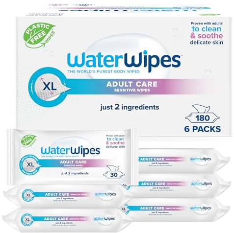 WaterWipes Adult Care Body & Intimate Hygiene Wipes, 180 toallitas (paquete de 6), textura XL, 99,9% a base de agua, para uso personal diario, el envase puede variar