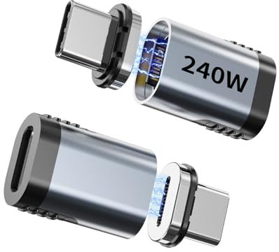 Tciogrxp Lot de 2 adaptateurs magnétiques USB C 240 W, 2 prises, adaptateur magnétique USB C à angle droit 24 broches, USB4 40 Gbps 8K 60 Hz pour Thunderbolt 3/4, MacBook Pro/Air, couvercle