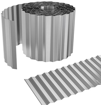 FIVMEN Bordure de pelouse en métal - 10 m - Bordure galvanisée - 0,3 mm d'épaisseur - Flexible - Bordure de tonte - Clôture de jardin - Argenté - Longueur : 10 m - Hauteur : 15 cm