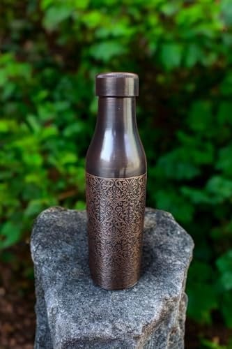 HarryKrishna Handcrafted Copper Bottles | 900ML/32 Oz | Leakproof | BPA Free | For Ayurvedic & Health Benefits (Antique Embossed Copper Bottle)