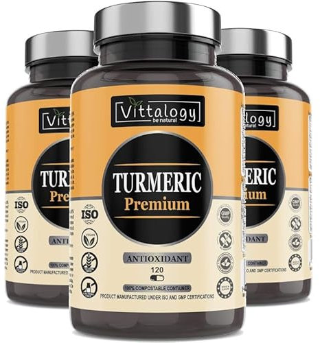 VITTALOGY Turmeric Premium Complemento Alimenticio con Cúrcuma, Jengibre y Pimienta Anti Envejecimiento y Alivio Dolor. Suplemento Antioxidante y Antiinflamatorio Natural. 360 Cápsulas