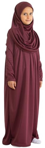 Prien Gebetskleidung Für Kinder, Mädchen Muslim Kleider, Lange Ärmel Abaya Mit Hijab, Islam Kleidung Frauen, Damen Muslimische Kleid Set, Gebetskleid Jilbab Khimar Ramadan (Kirschrot)