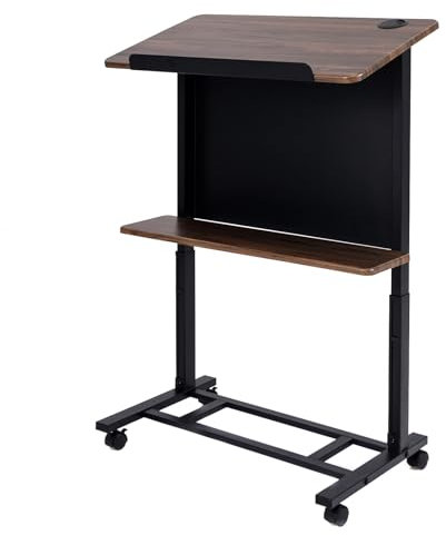 COSTWAY Mobile Podium Stand, Height Adjustable Lectern Table Standing Desk with Tilted Tabletop, Storage Shelf & Lockable Casters, Portable Pulpit Computer Workstation (Walnut, 70 x 42 x 103-125cm)