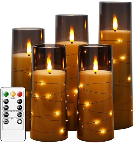salipt Flameless Candles, LED Battery Operated Flickering Candles, Moving Flame Electric Candle Sets Glass Effect with Remote Timer, Set of 5, H 5 6 7 8 - Fairy Lights Dark Gray
