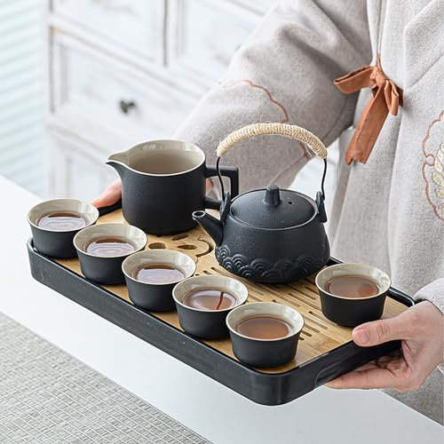 Japanese Tea Set Chinese Tea Set, Gongfu Tea Set, 14Pcs Portable Black Ceramic Teapot Set W/ 6 Teacups & Tray, Traditional Kiln Glaze Porcelain Tea Sets Gift for Adults Men Women Tea Lovers