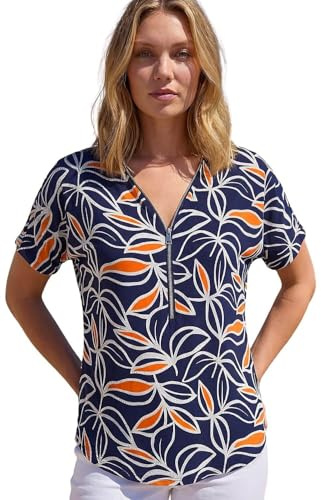Roman Front Zip Top for Women UK Ladies Brushed Blouse Soft Jumper Smart Casual Work Winter Autumn Spring Warm Long 3/4 Short Sleeve V Neck Sweater T-Shirts - Orange Navy - Size 12