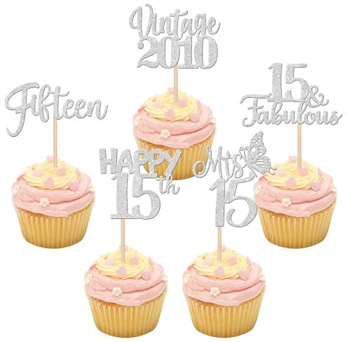 30 Stück Vintage 2010 Cupcake Toppers Glitzer Happy 15th Geburtstag Tortendeko Fabulous 15 Fifteen Kuchen Deko für 15th Geburtstag Hochzeit Jahrestag Party Silber