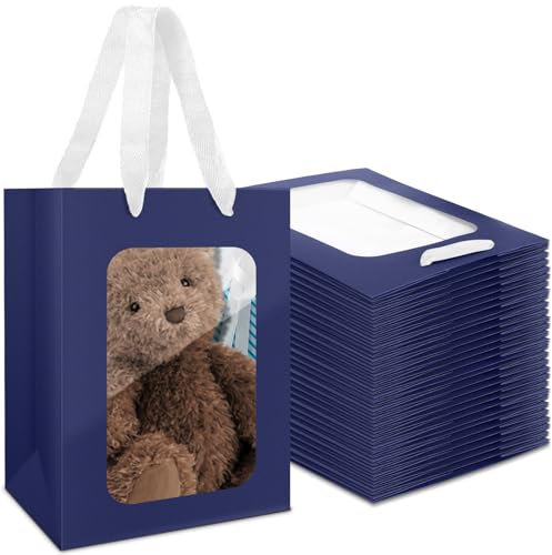 EUSOAR Geschenktasche mit Sichtfenster - 50 PCS Dunkelblau Papiertüten mit Henkel - 18x13x25cm Geschenktüten Papier - 230GSM Geschenktaschen Papier Tüten - Gift Bag Party Geburtstag