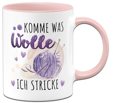 Tassenbrennerei Tasse - Komme was Wolle, ich stricke - Kaffeetasse mit Spruch lustig - Geschenk für Strickerinnen, Strickfans - Nähen (Rosa)