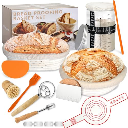 Complete Sourdough Bread Starter Kit, Bread Baking Supplies, Banneton Bread Proofing Basket & Glass Sourdough Starter Jar, Bread Making Tools, Sour Dough Starter Kit Gifts for Bakers Beginner