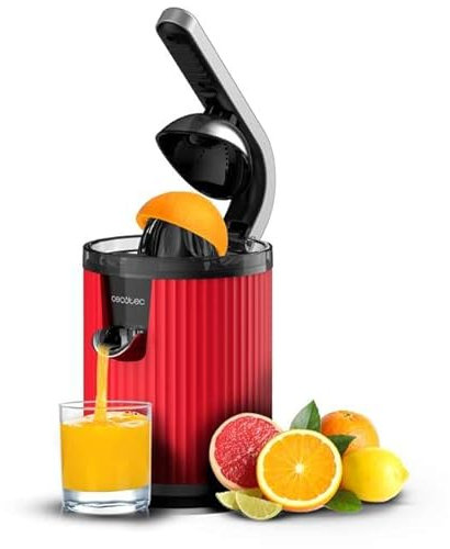 Cecotec Spremiagrumi Elettrico con Leva per Arance e Agrumi Xqueeze RetroJuice 600 Rosso. 600W, Capacità 1L, Filtro Acciaio Inox, 2 Coni in Plastica, Doppio Senso di Rotazione, Beccuccio Antigoccia