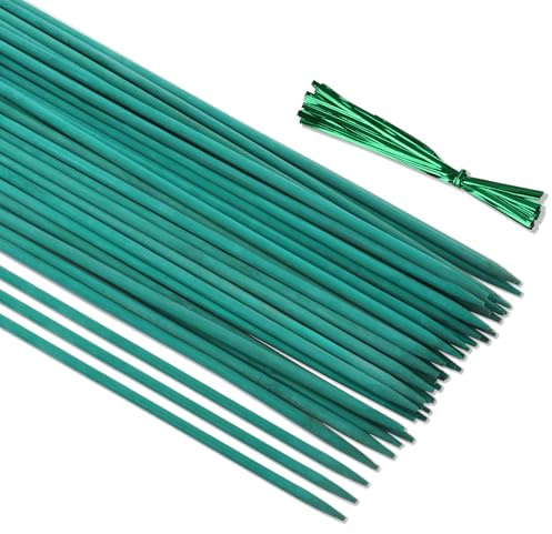 CAKKVDE 50PCS Bamboo Plant Support Sticks with 50 Twist Ties - 38cm Garden Stakes for Flowers, Peas & Climbing Plants - Lightweight 5mm Thickness Plant Sticks