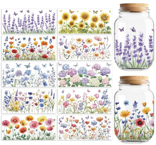 Peacoblue UV DTF Becherfolie,Blumen & Schmetterlinge Transferaufkleber | 10 Blatt wasserfeste Transfersticker für 16oz Becher, Tassen, Flaschen und Gläser, DIY Dekoration für Damen und Herren