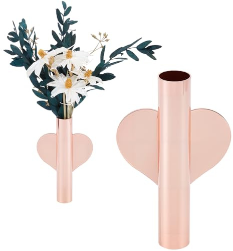 GORGECRAFT 2Pcs Wall Mounted Flower Tube Stainless Steel Rose Gold Heart Shaped Plant Wall Metal Vase Decoration Holder Hanging Vase for Dried Faux Flower Greenery Plants Display Modern Home Decor