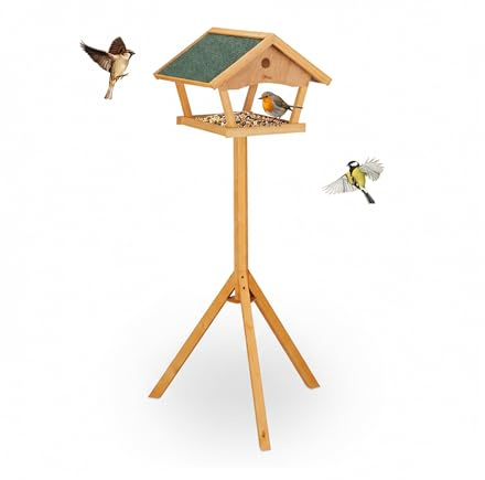 Relaxdays bird feeder with stand, 137 cm high, weatherproof roof, garden & terrace, birdhouse, fir wood, orange
