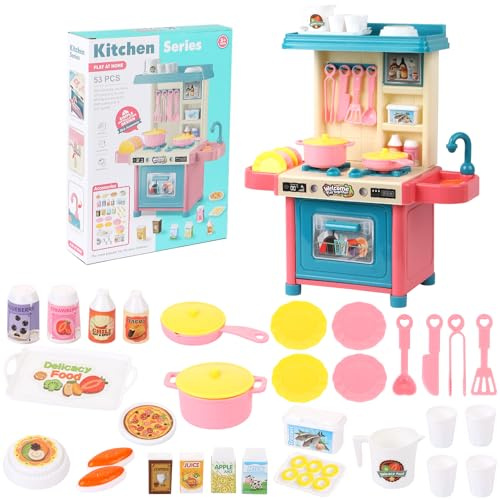 LALASTYLE Pretend Play Kitchen Accessories Set, 53PCS Realistic Toy Kitchen Playset with Storage Shelf, Sink, Faucet，Stove, Oven & Food - Educational Cooking Gift