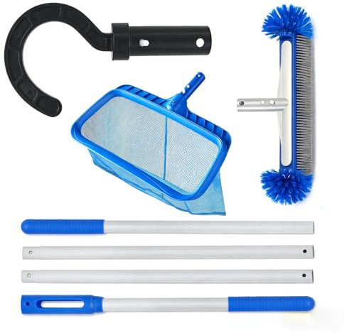 Poolbürste mit Teleskopstange, Pool Reinigungsset, Pool Kescher mit Poolbürste und Haken, Teichkescher Feinmaschig Algen, Laubkescher Pool, Pool Sieb Kescher Fein, Pool Zubehör Reinigung Set für Spas