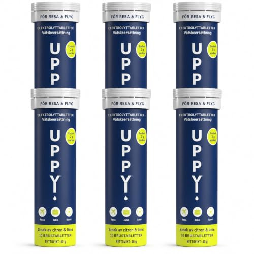 Uppy! Compresse di Idratazione con Elettroliti – Solubili con Elettroliti e Aromi Naturali – Compresse di Reidratazione Senza OGM e Senza Glutine per Viaggi e Sport (60 (6 Tubes), Lemon Lime)