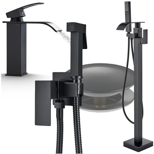 Ari Badarmaturen Set Waterfall freistehende Badewannenarmatur mit 360 Grad Auslauf Bidetarmatur Classic Waschbeckenarmatur Wasserfall und Click-Clack Ablaufgarnitur mit Keramikventil (Niedrig)