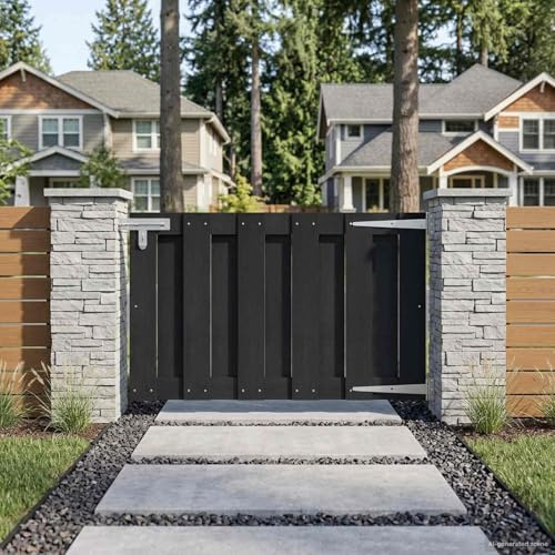 Ziaphsol Portail de jardin - 100 x 60 cm - WPC et aluminium - Noir - Porte coulissante avec loquet coulissant - Brise-vue - Poteaux de clôture pour terrain - Opaque et résistant aux intempéries