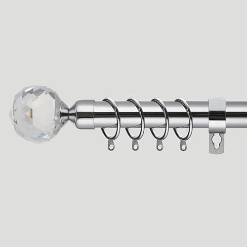 Extendable Curtain Pole Crystal | Chrome Metal Curtain Pole Set 25mm | Includes Rings, Finials, Brackets & Fittings. (40cm to 218cm, Crystal Final)