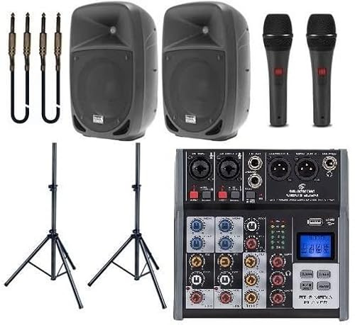 IMPIANTO AUDIO 836 PACK con mixer, coppia di diffusori, supporti, 2 microfoni e cavi, per cantinette, karaoke, discobar ecc.