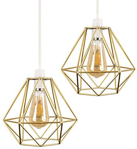 MiniSun | Retro Style Gold Metal Basket Ceiling Light Shades | Pendant Lights, Home Décor & Improvement Essential | Set of 2 | Includes 4W LED Bulbs [2700K Warm White] | 235mm Shade Width