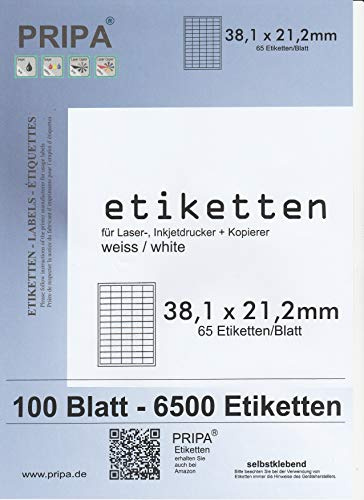 pripa Etikettenformat 38 x 21,2 mm 100 Blatt DIN A4 Selbstklebende Etiketten (100)