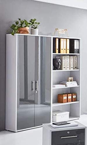 abschliessbarer Aktenschrank Büroschrank Schrankwand Büromöbel Regal Office Edition in Lichtgrau/Anthrazit Hochglanz (Set 1 hoch)