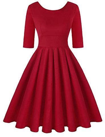 MINTLIMIT Women 1950s Retro Rockabilly Prom Pleated Red Vintage Dress with Sleeves (Solid Red,Size L)