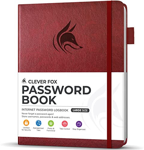 Clever Fox Passwortbuch mit Registerkarten - Adress- und Passwort-Organisationsbuch mit alphabetischen Registerkarten - Großes Passwortbuch für Computer- und Website-Logins, Weinrot