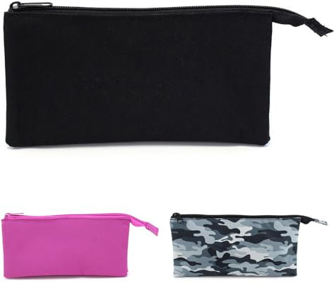 Fashion Stationery Black Triple Pocket Pencil Case Flat Zipper Pencil Pouch for Boys Girls Teenagers