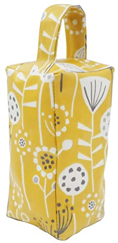 Fabric Door Stop, Tall Decorative Oilcloth Door Stopper for Outdoor, Indoor, Patio, Kitchen, Bedroom Use - 20cm/8in Tall Fabric Door Stop - Unfilled (Bergen Ochre Yellow Scandi)