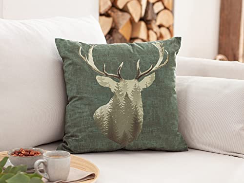 Dekoleidenschaft Kissenhülle Waldhirsch, 45x45 cm, grün in Samt-Optik, Kissenbezug mit Hirsch-Motiv, Zierkissen-Bezug im Landhaus-Stil, Sofakissen-Hülle