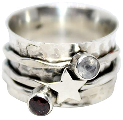 Band-Spinner-Ring aus gehämmertem Sterlingsilber mit zwei winzigen Edelsteinen, klobiger Stern/Herz-Meditations-Yoga-Breitbandring für Frauen, personalisieren Sie Ihren Ring mit jedem