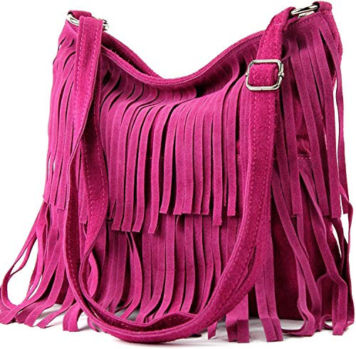 Womens Italian Real Suede Leather Fringe Tassel Shoulder Handbag Cross Body Messenger Side Bag For Ladies (Fuchsia)