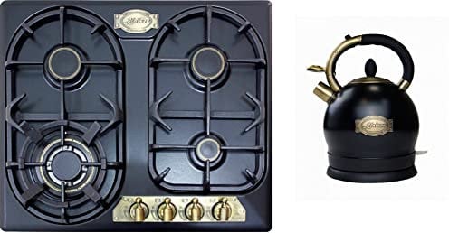 Kaiser Gas-Kochfeld, Retro Einbau Gasherd, 60cm, Empire,Emailliert Schwarz,3,8 Kw WOK+WK 2000 Em Exklusiver Retro Wasserkocher Kontroll LED 2 L 1800W
