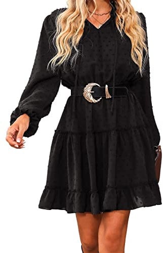 CUPSHE Women's Casual Dress Flounce Drawstring Long Sleeve Dress V-Neck Without Belt Loose Party A-Line Cocktail Mini Dress Black M
