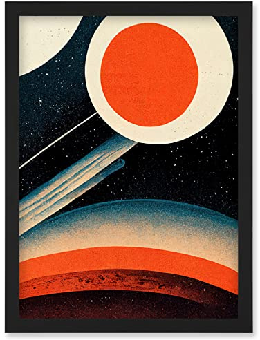 Wee Blue Coo Retro Boho Space Starscape Abstract Mid Century Style Navy Teal Orange Cream Artwork Framed Wall Art Print A4