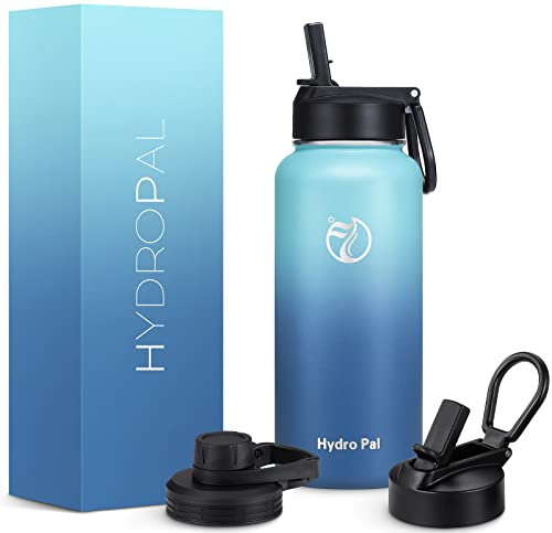 HydroPal Edelstahl Trinkflasche - 750ml, 1L, 1,2L, BPA-Frei, Kohlensäure geeignet, Isolierte flasche mit Strohhalm & 2 Deckel, Auslaufsichere Isolierflasche für Sport (Himmelblau/Marineblau, 1000 ml)